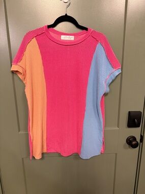 Colorblock Ribbed Short Sleeve Top - Pink, Peach & Light Blue